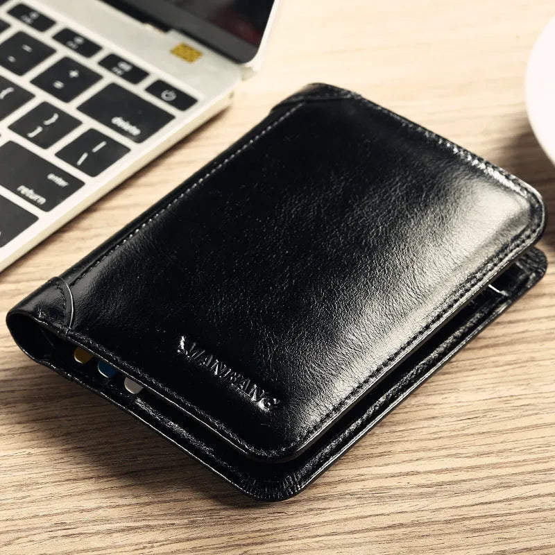 Men's leather wallet showing internal card slots, banknote folder, coin pocket, and document positions