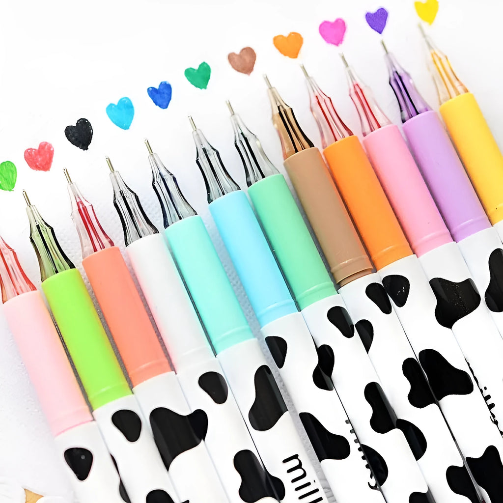 Box of 12 cow colour gel pens with 0.38mm fine tips in assorted colours for office and student use.