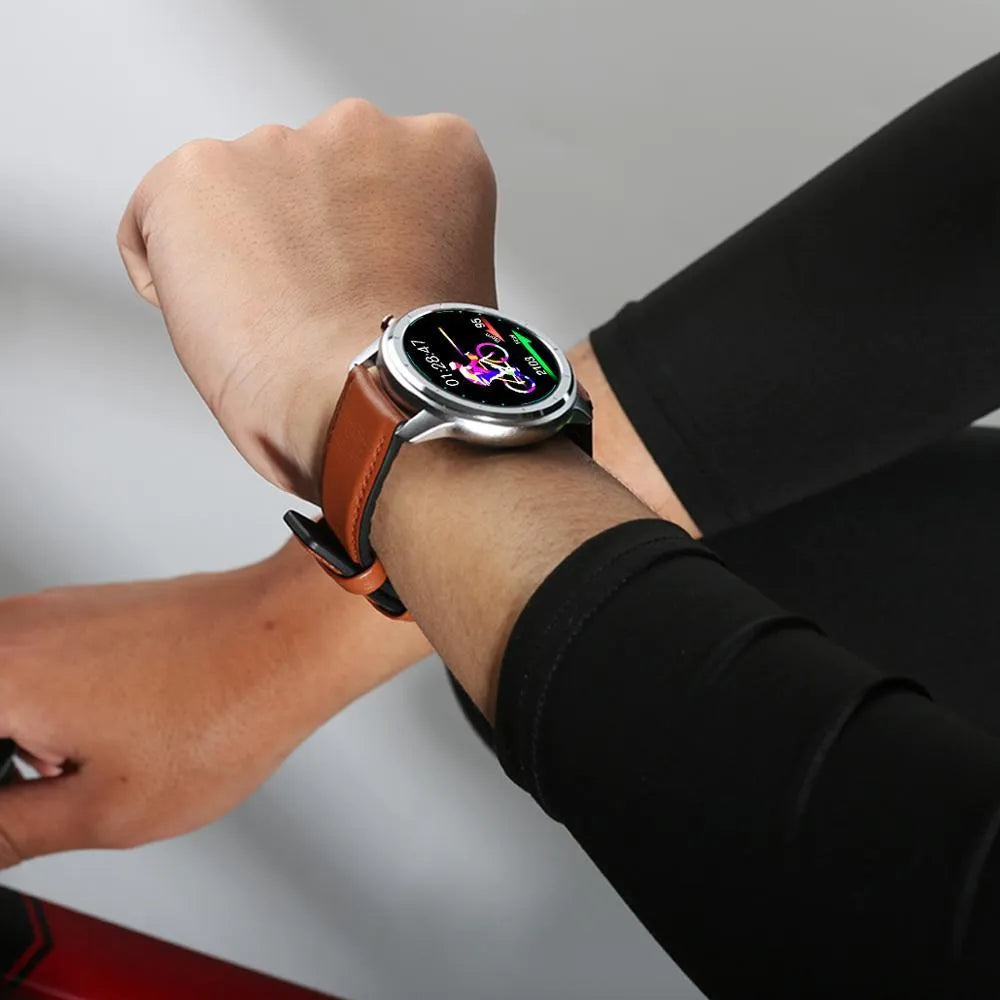 LEMFO LF26 smart bracelet on wrist showing 1.3-inch touchscreen and side button.
