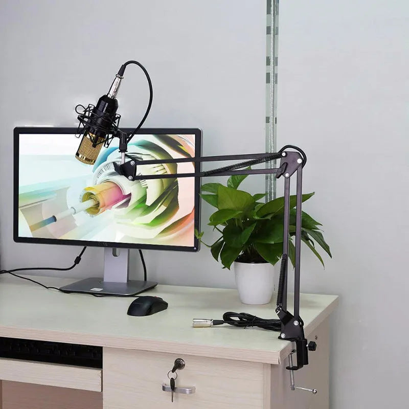 BM-800 condenser studio microphone with electroplated mesh head in choice of colours including black, silver, gold, and pink.