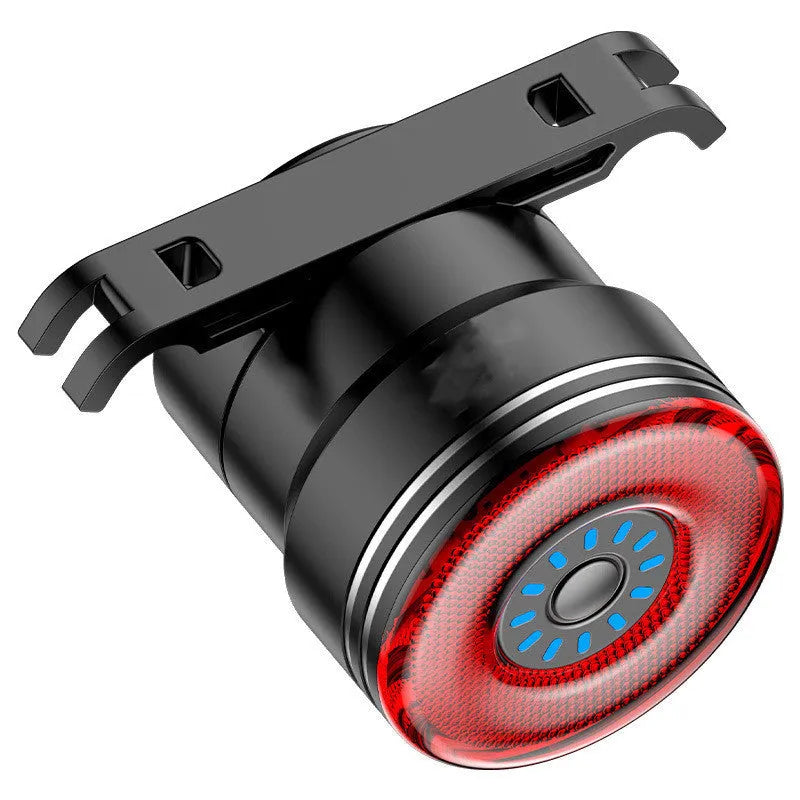 Black aluminium alloy USB charging smart brake sensing bicycle taillight with multiple flash modes.