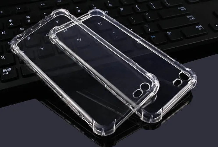 Clear transparent TPU shockproof protective back cover case for iPhone on a table.