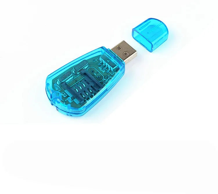 Blue external USB SIM card reader for mobile phone data transfer on a white background