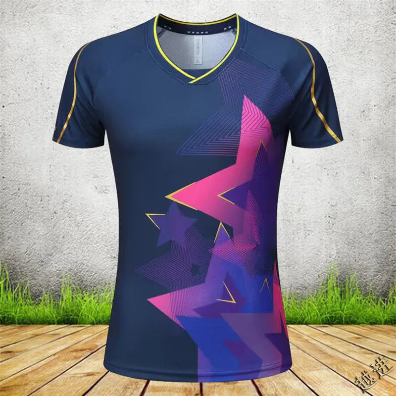 Men's and women's badminton competition sportswear set with short-sleeved polyester jacket and matching trousers.