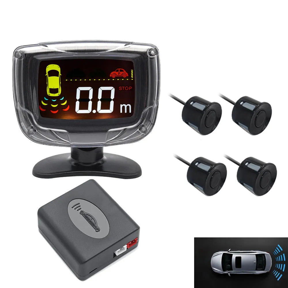 Black wireless reversing sensor system for cars with main unit, four probes, and a digital LED display.