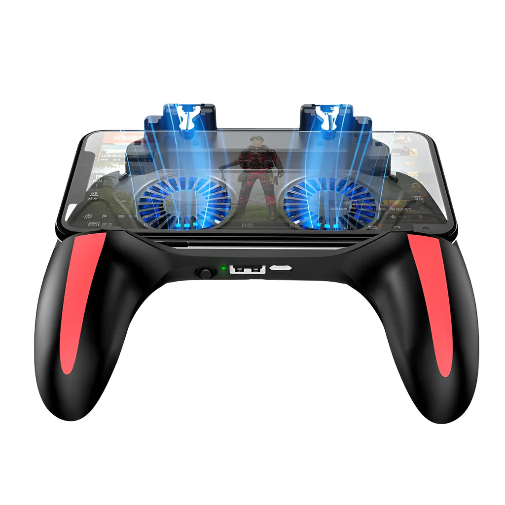 H10 mobile game controller with cooling fan attached to a smartphone showing the ABS handle and trigger buttons