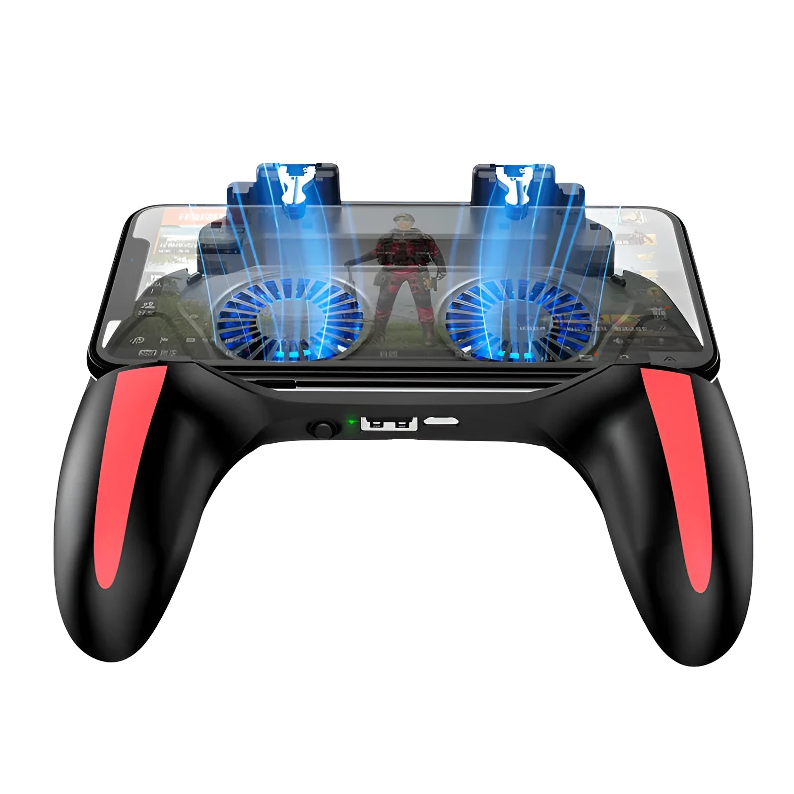 H10 mobile game controller with cooling fan attached to a smartphone showing the ABS handle and trigger buttons