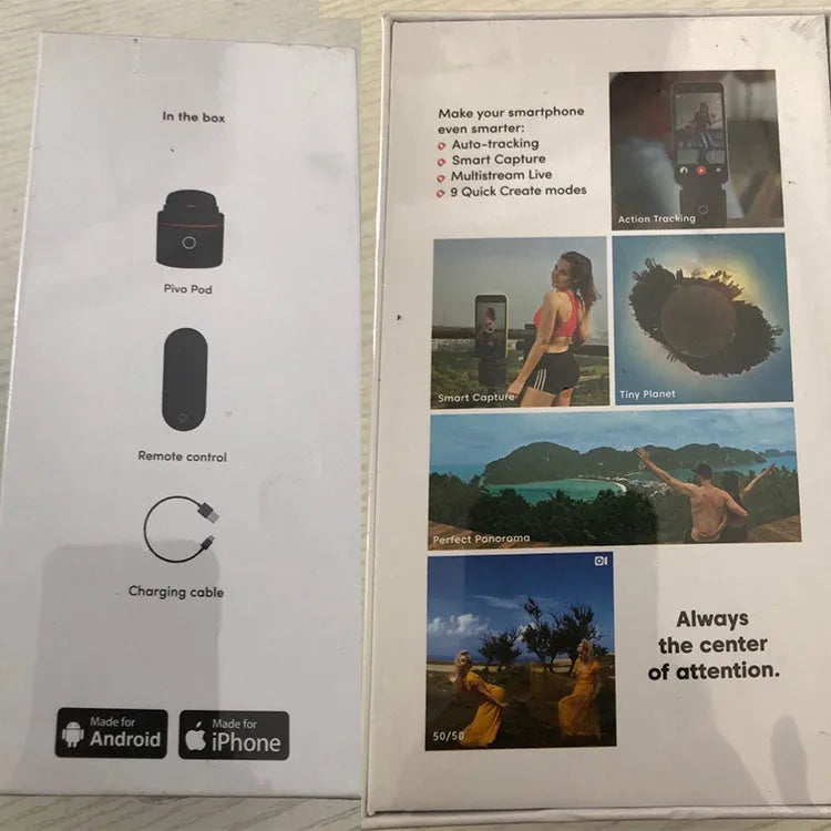PIVO black matte facial tracking camera accessory showing 360-degree rotation mount for smartphones.