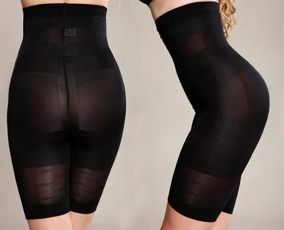 Women's black seamless high waist shapewear shorts for tummy control laid flat.