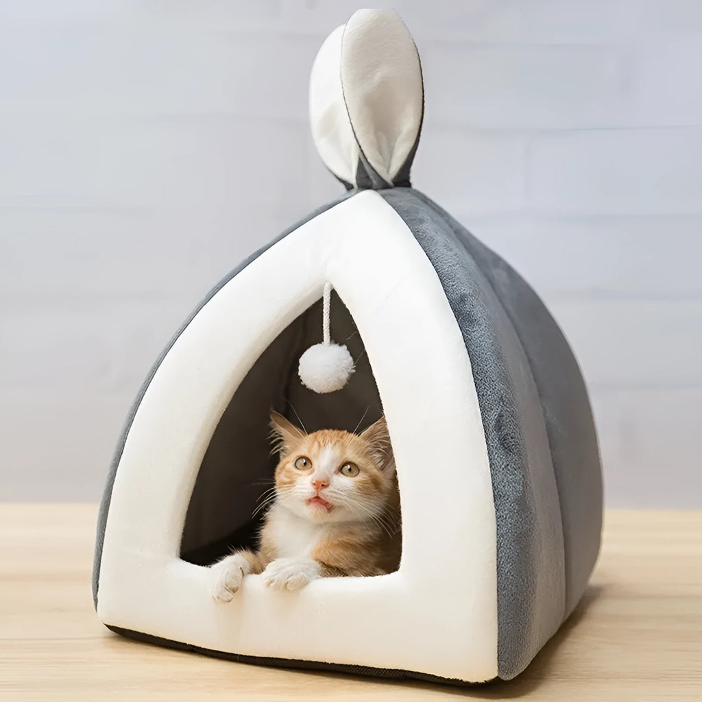 Rabbit ear Mongolian nest pet bed in Arctic velvet with PP cotton, shown in Grey and Pink, sizes S to XL