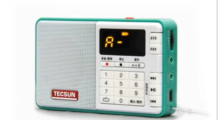 Tecsun Q3 digital audio player in multiple colours showing front controls and TF card slot