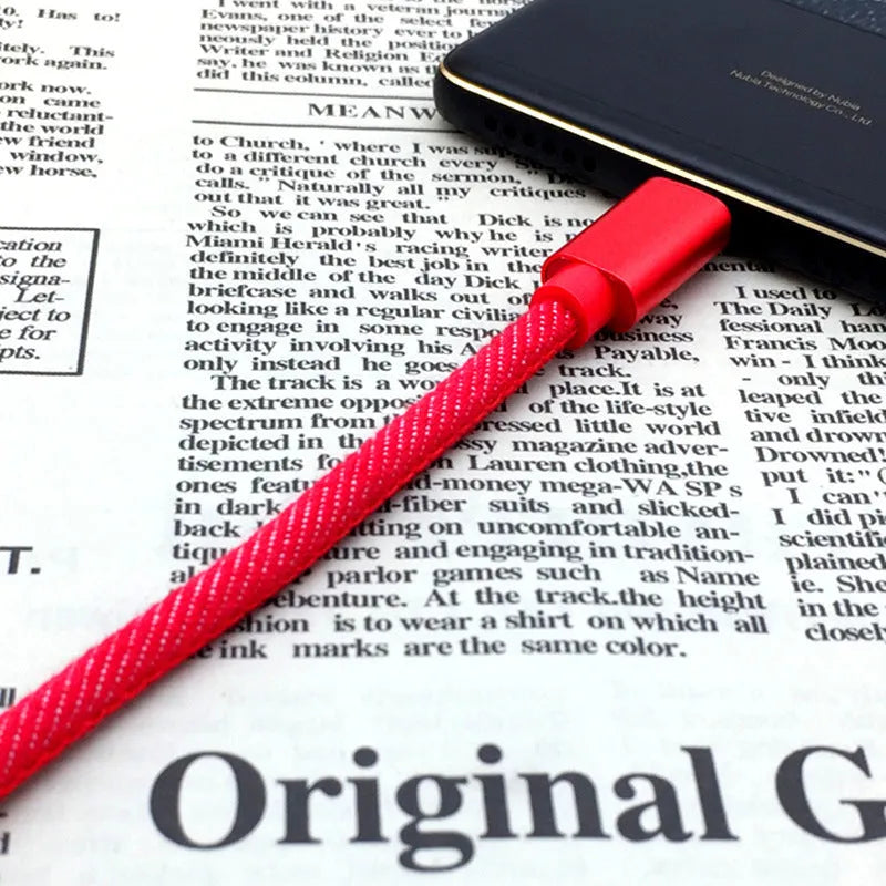 Denim braided Type-C charging cable showing black, blue and red colour options with aluminium alloy connectors