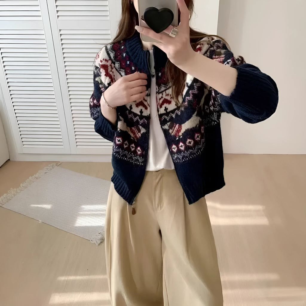 Ethnic style jacquard pullover sweater with 3D pattern in beige apricot colour
