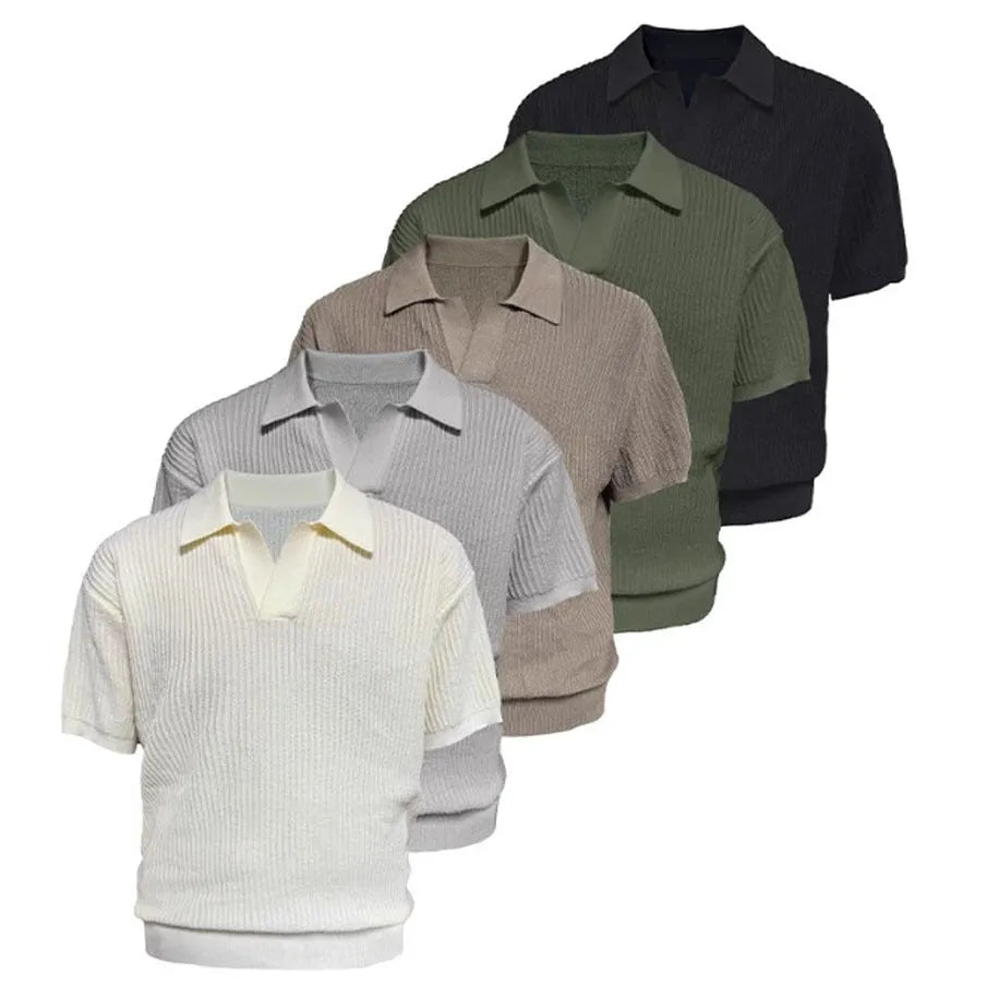 Men's summer polo shirt with striped collar in thin fabric available in creamy white, black and grey colours