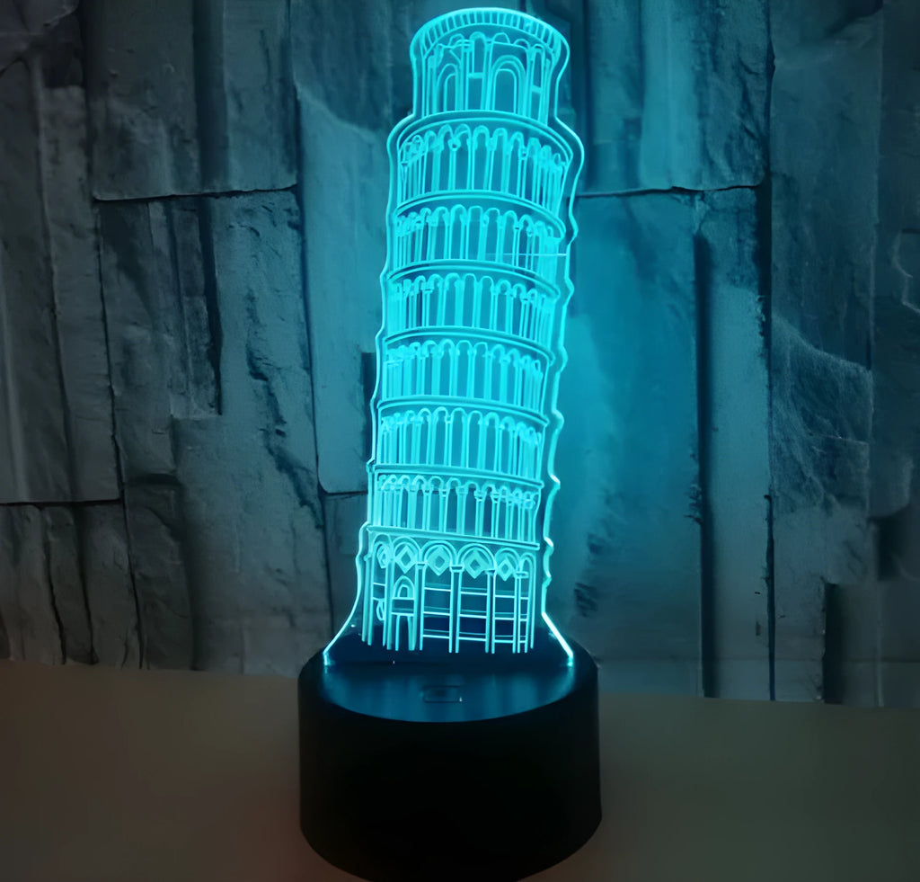 3D acrylic Leaning Tower of Pisa nightlight with colourful LED illumination on black ABS base
