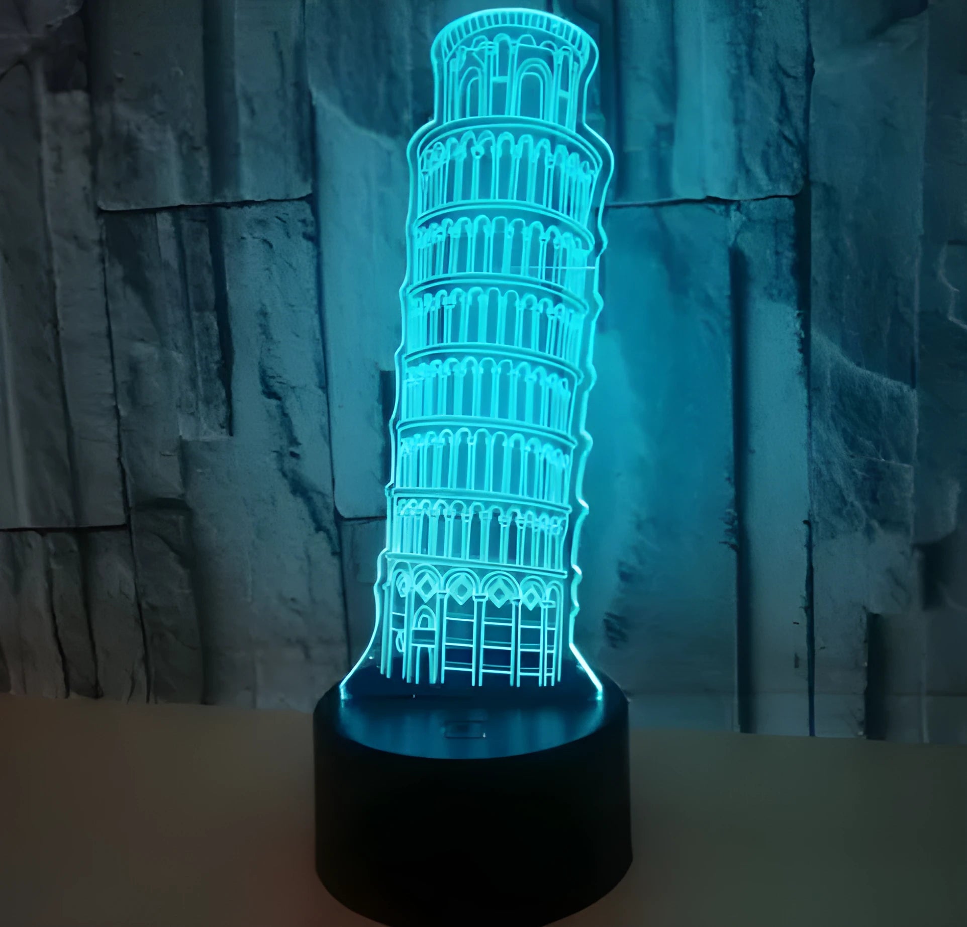 3D acrylic Leaning Tower of Pisa nightlight with colourful LED illumination on black ABS base