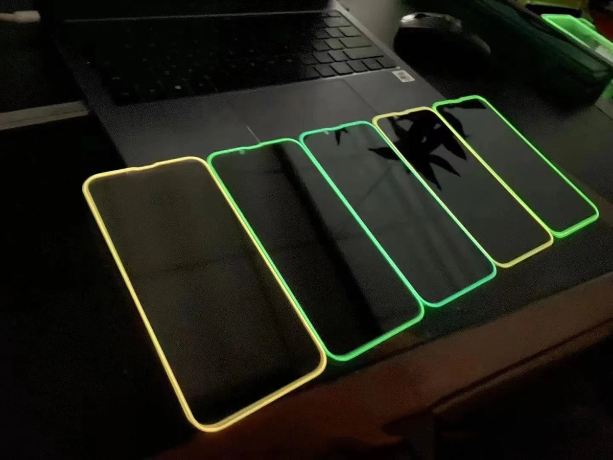 Fluorescent tempered glass screen film for iPhone showing luminous green glow effect