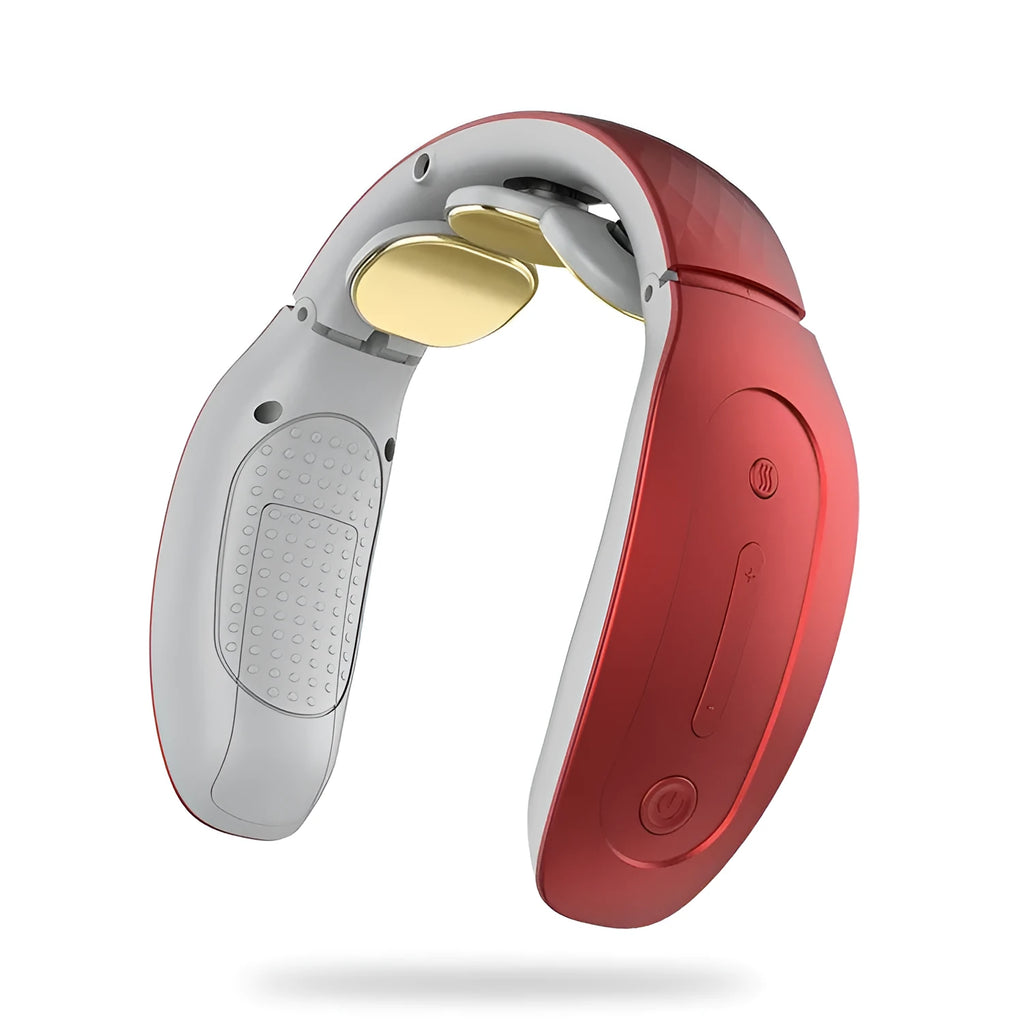 Red and white intelligent cervical massager with display showing six power modes
