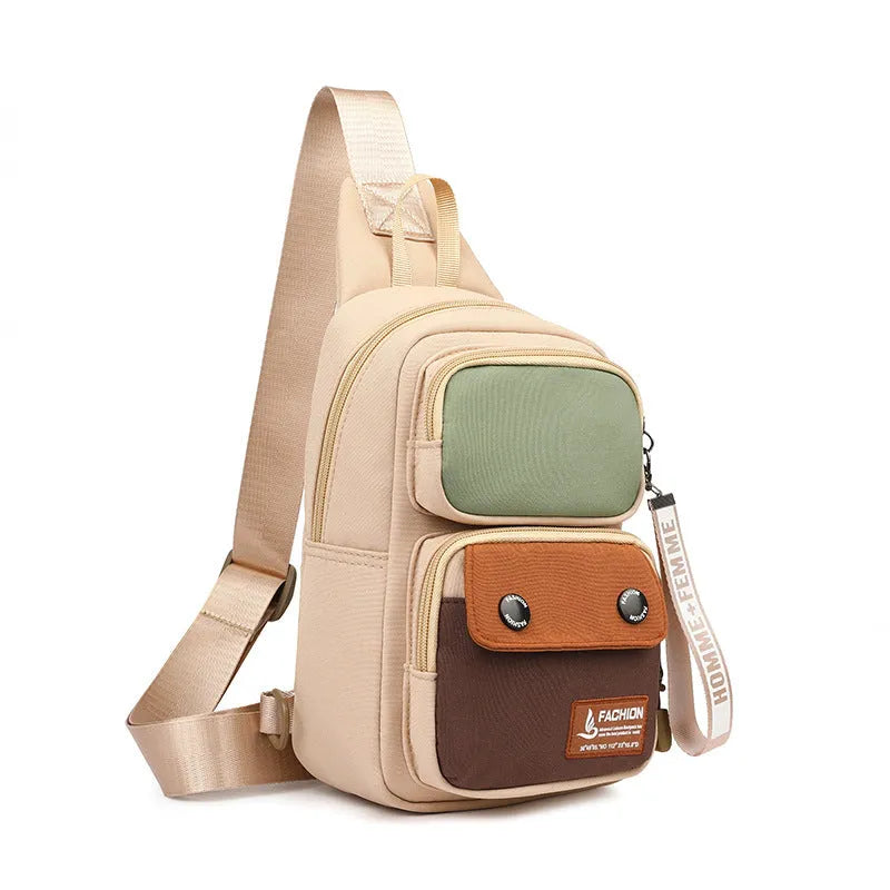 Nylon crossbody shoulder bag for outdoor leisure in black, beige, or light brown contrast colours