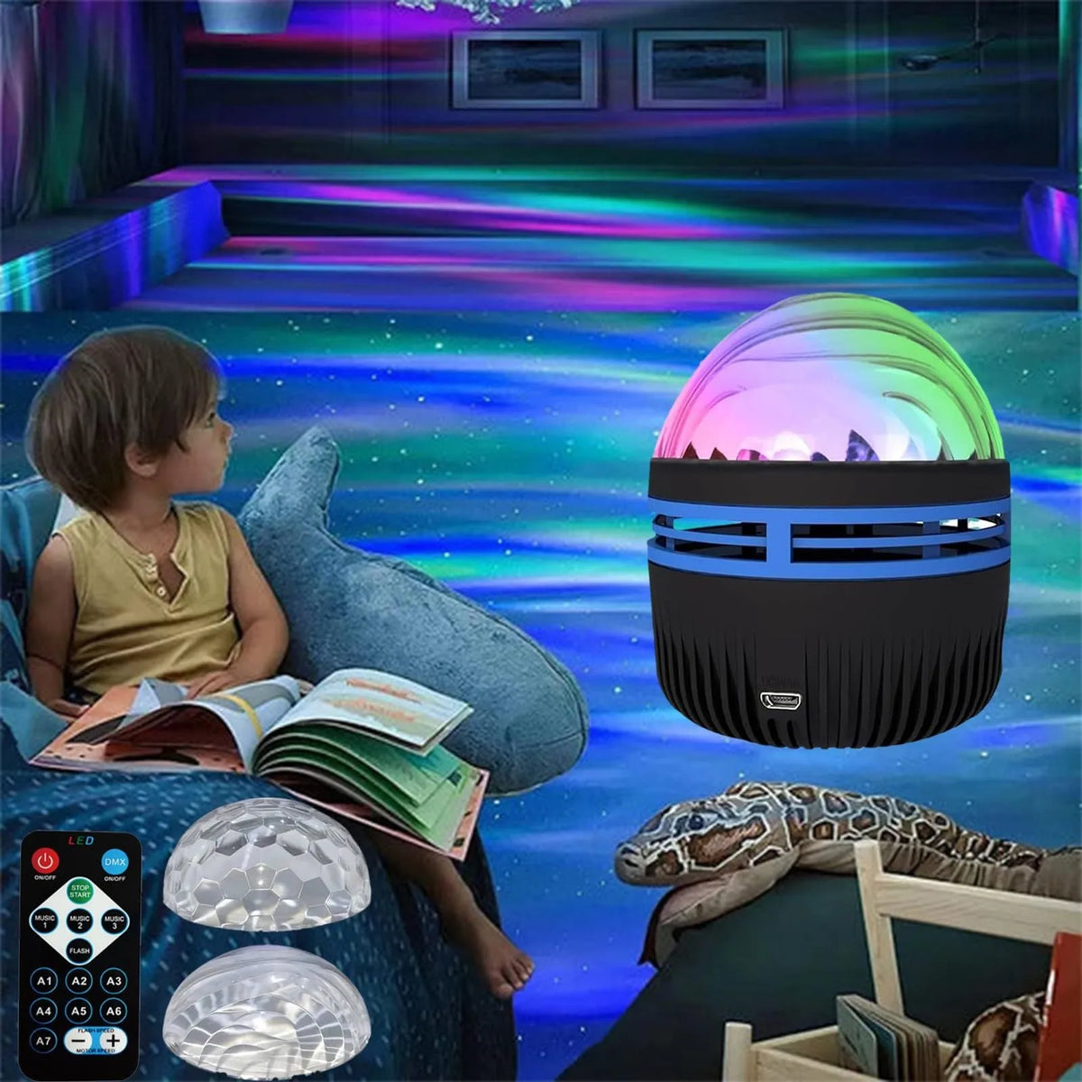 USB LED star projector lamp showing rotating light patterns for bedroom atmosphere