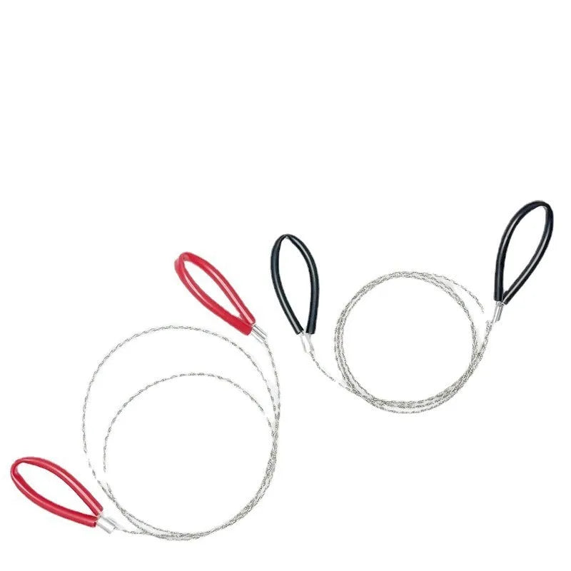 A coiled black or red survival wire saw made of braided stainless steel, shown with a scale indicating its small size.