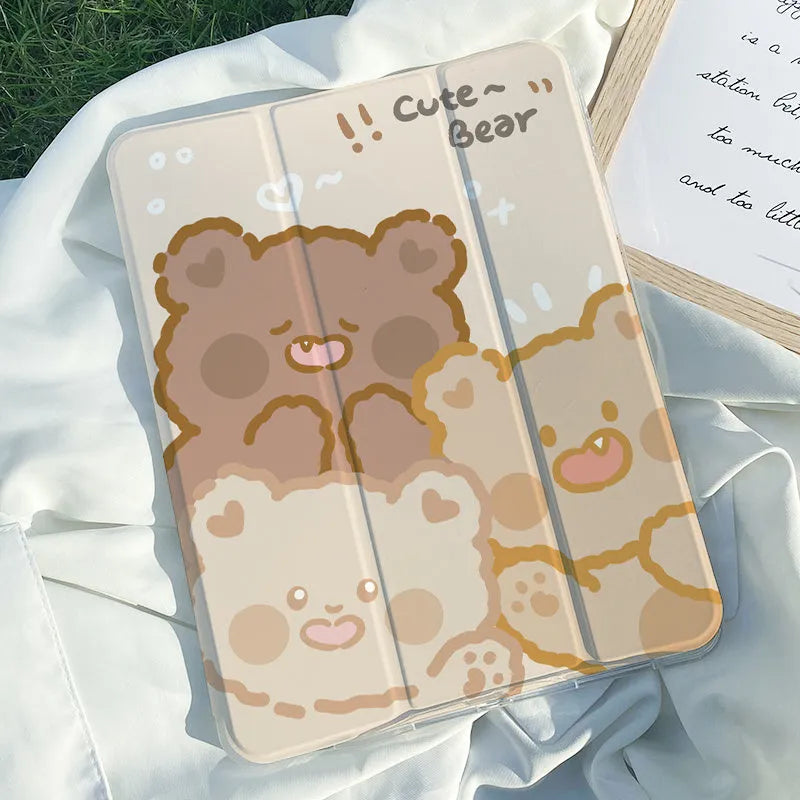 A flat, tri-fold silicone protective case for an iPad, shown in a cartoon rabbit pattern.