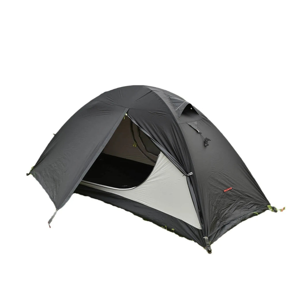 Single person camping tent with aluminium poles in red colour showing double-layer construction