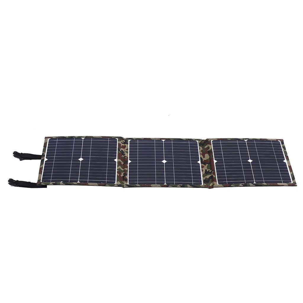 Black foldable 36W portable solar panel unfolded, showing three monocrystalline panels with included car charger and USB hub