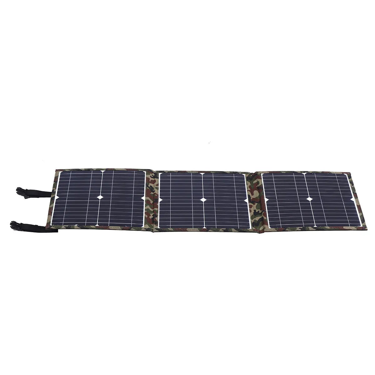 Black foldable 36W portable solar panel unfolded, showing three monocrystalline panels with included car charger and USB hub