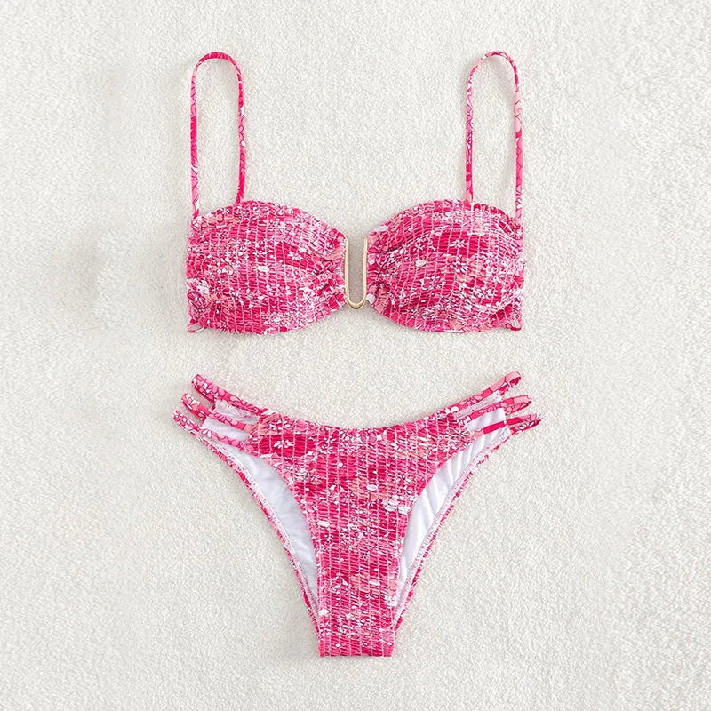Women's high-waisted floral bikini swimsuit in blue, orange, pink, or rose red.