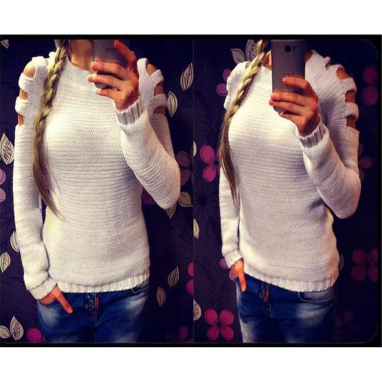 Women's white crocheted hollow-out knit shirt with round neck and long sleeves