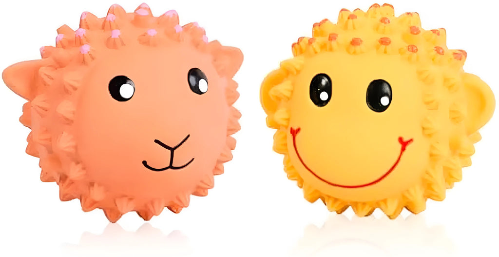 Orange and yellow spiky latex animal dog toys with squeakers for small medium breeds.