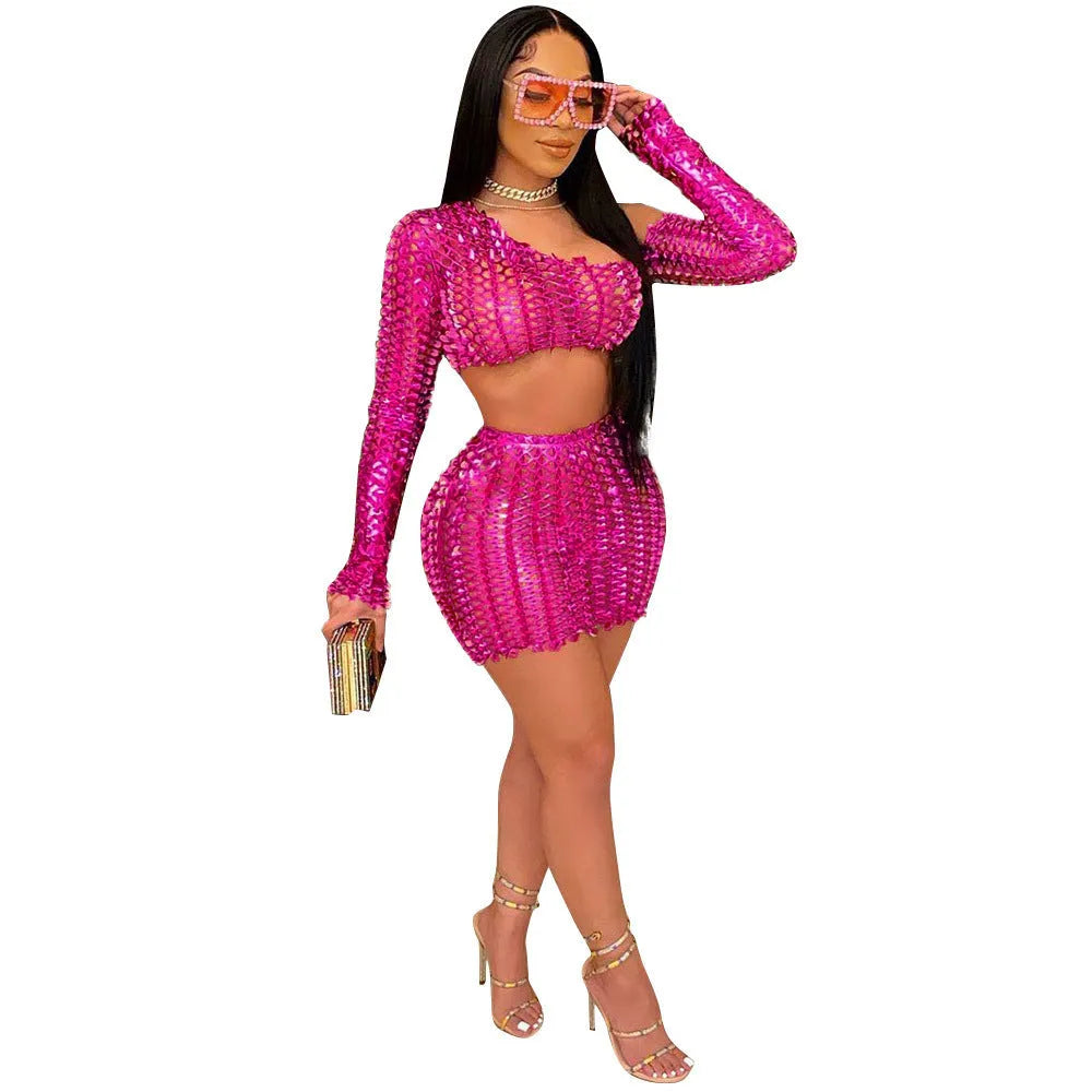 Women's hollow-out two-piece dress set with net hole detailing in four colours