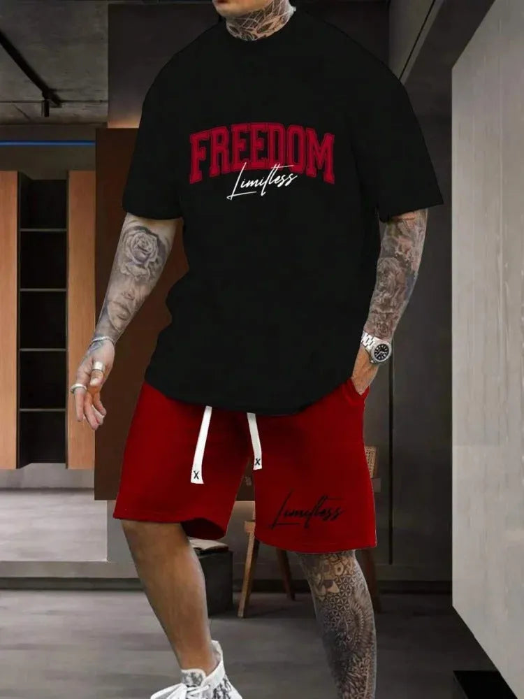3D printed letter personality male suit set with short sleeve top and matching shorts in polyester