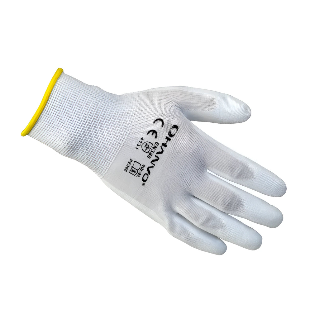 White PU coated work gloves showing flexible palm and 24 cm length, pack of 10 pairs.