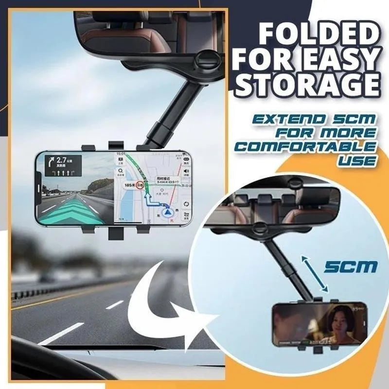Black rearview mirror car phone holder showing 360-degree rotation and telescopic arm extension.