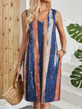 V-neck sleeveless colour block striped midi dress in polyester fabric