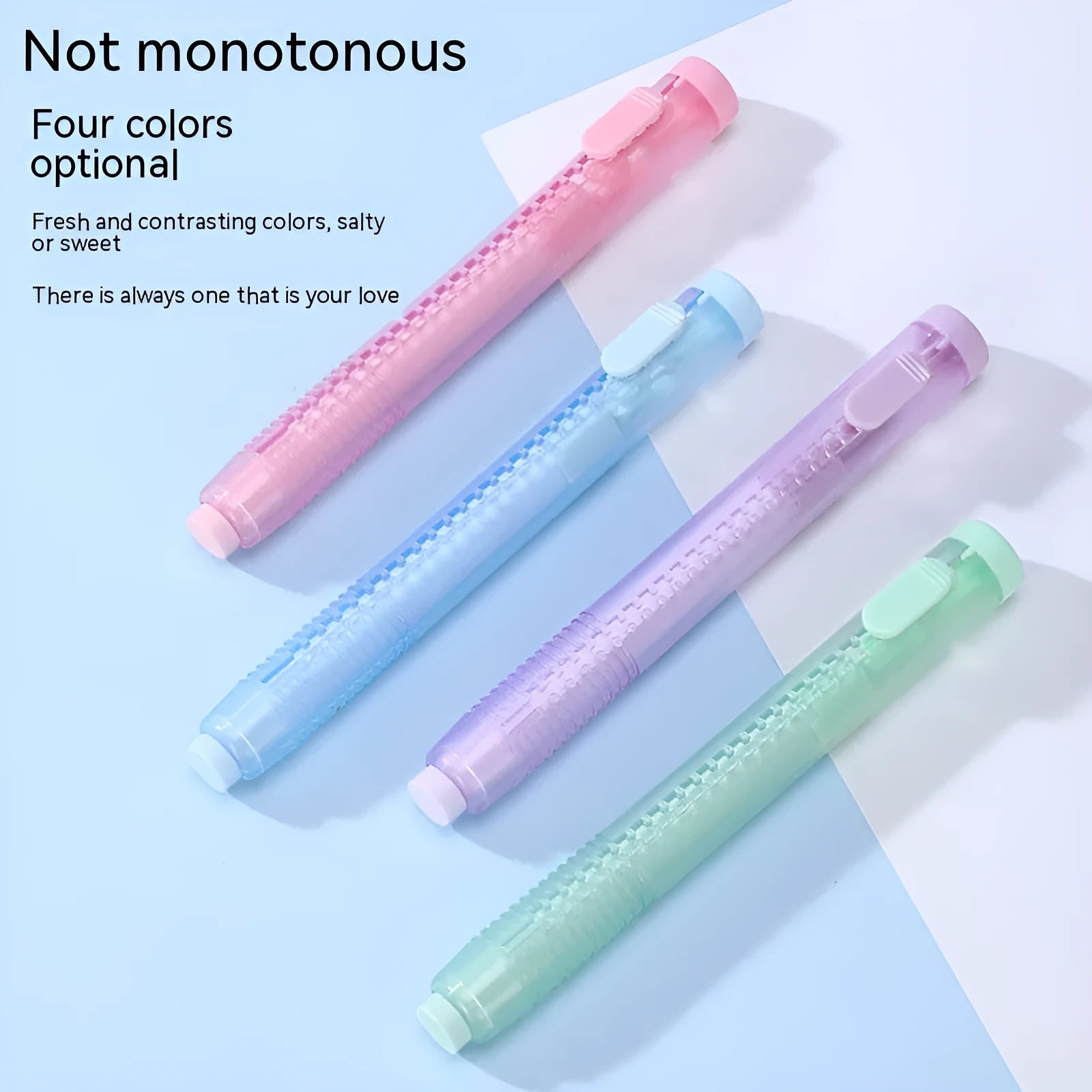 Push type automatic children's eraser in four colours with 12cm by 8cm PVC construction