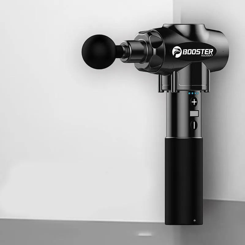 Black and white electric percussion massage gun for muscle relaxation on a grey background.