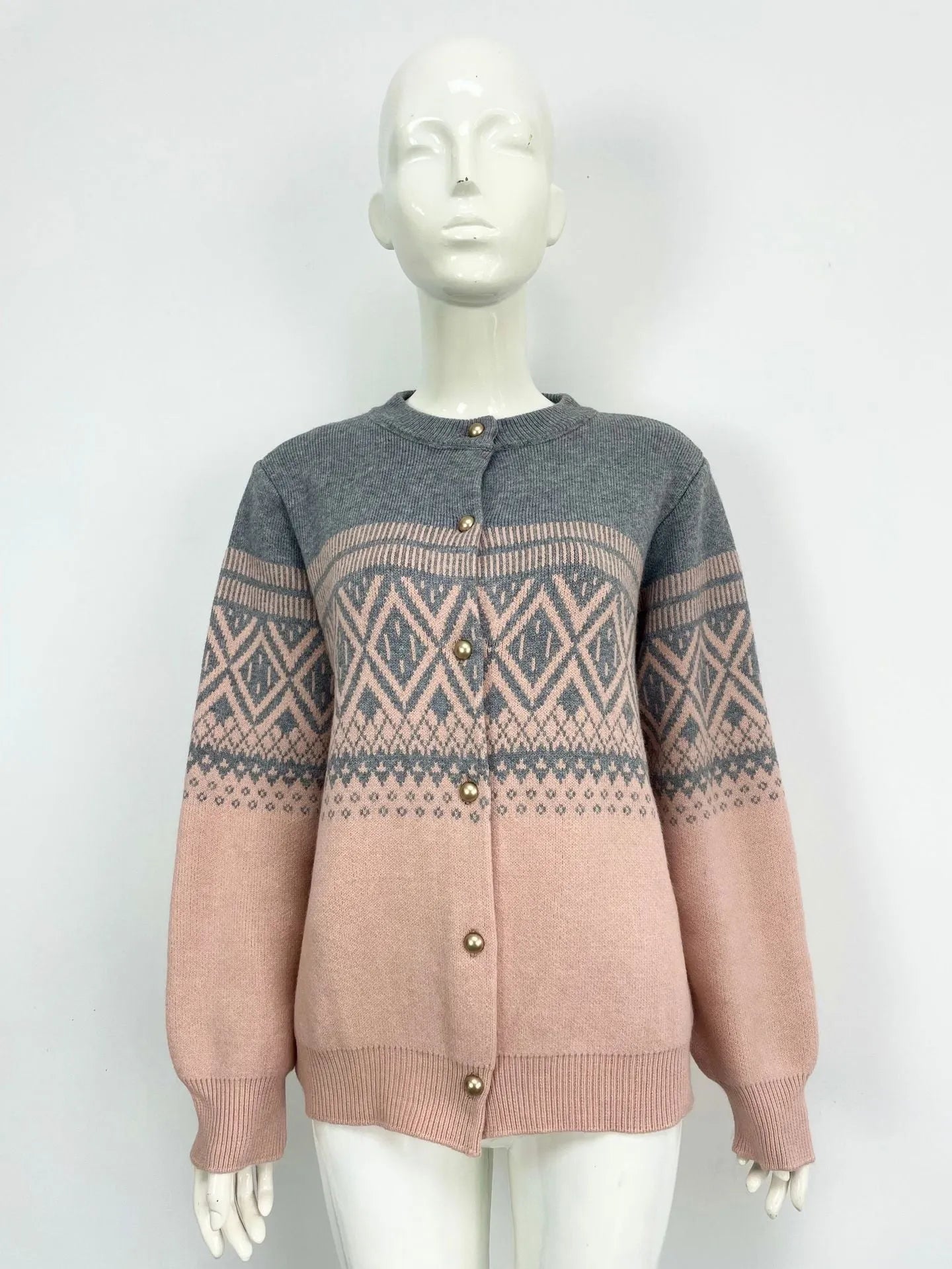 Women's red alpaca wool cardigan with diamond knit pattern and long sleeves