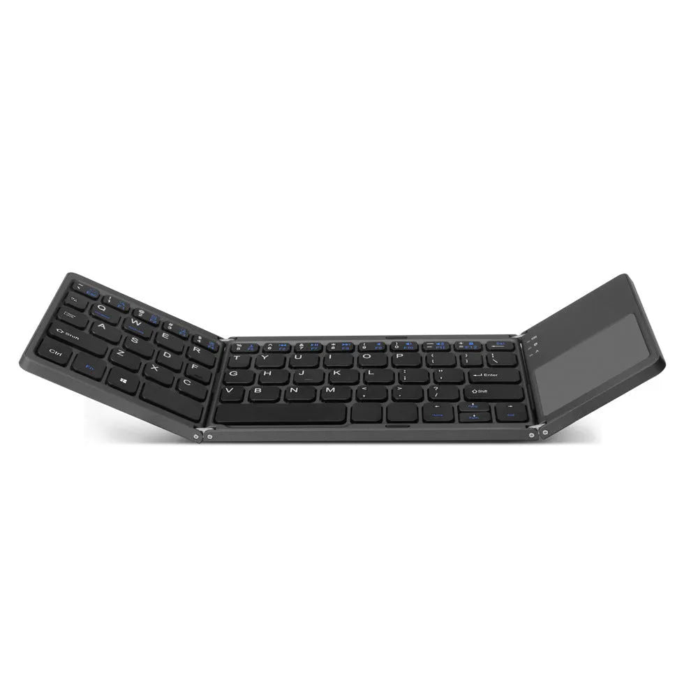 Black tri-fold folding Bluetooth keyboard with touchpad shown open and closed, next to a mobile phone