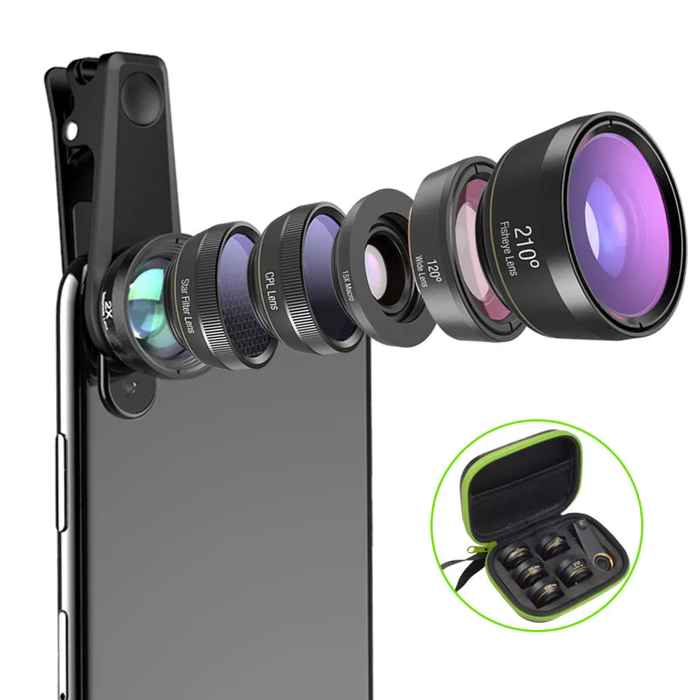 Black 6-in-1 smartphone camera lens kit with fisheye, macro, wide-angle, telephoto, CPL and star filters in a case.