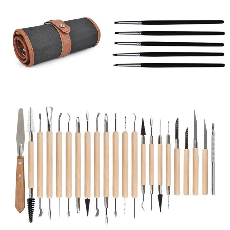 27-piece pottery tool set with stainless steel sculptors and wood tools rolled in a brown package.