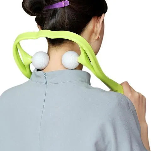 Blue plastic hand roller neck massager with adjustable stand and removable massage heads on a white background