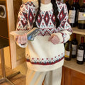 Loose retro striped knitted pullover top in polyester with long sleeves