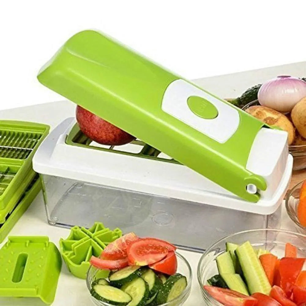 Green manual food chopper set with stainless steel blades, showing 12 pieces including handle and accessories.