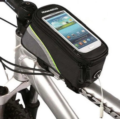 ROSWHEEL black bicycle frame phone bag attached to bike with iPhone inside