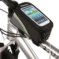 ROSWHEEL black bicycle frame phone bag attached to bike with iPhone inside