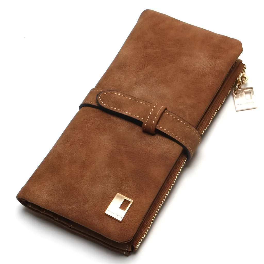 Women's vertical long retro wallet in matte PU leather with zip, shown in Army green colour
