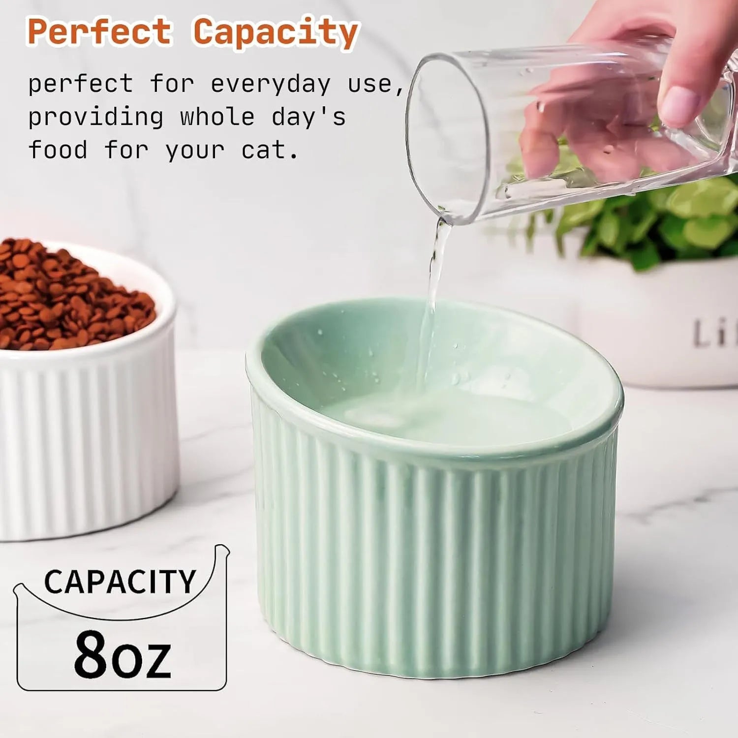 Elevated ceramic cat bowl in green colour showing raised, tilted design for food or water.